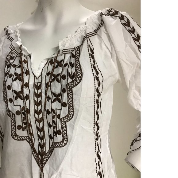 Le Chateau Woman White brown Embroidery Cotton Top Blouse Folk Cold Shoulder NWT - Picture 2 of 7